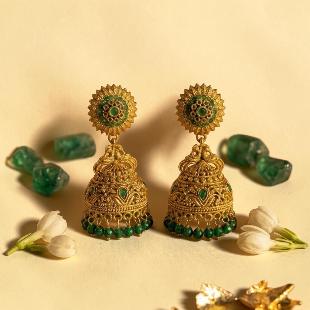 Lakx Fashion antique gold-tone brass jhumka earrings with green stone embellishments and beaded dome drops.