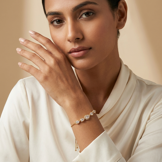 LAKX Teardrop Bracelet for Women rose gold adjustable slider bracelet with pear-cut AD teardrop stones on model BR-203