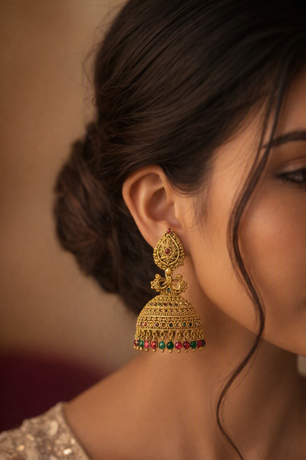 My Store rhodium-tone drop earrings with ruby-colored stones, white CZ filigree, and dangling pearls on a stand.