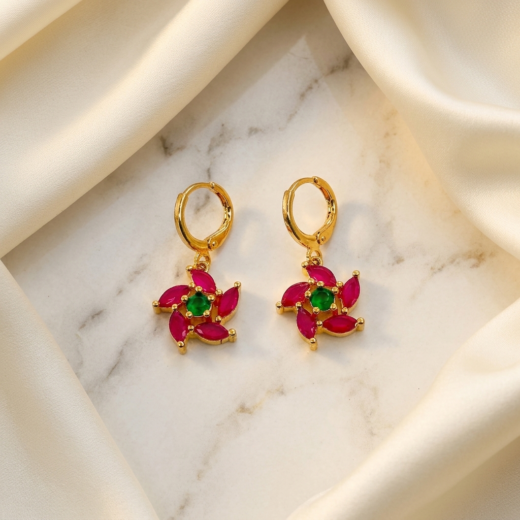 Ruby & Emerald Pinwheel - worn/model view