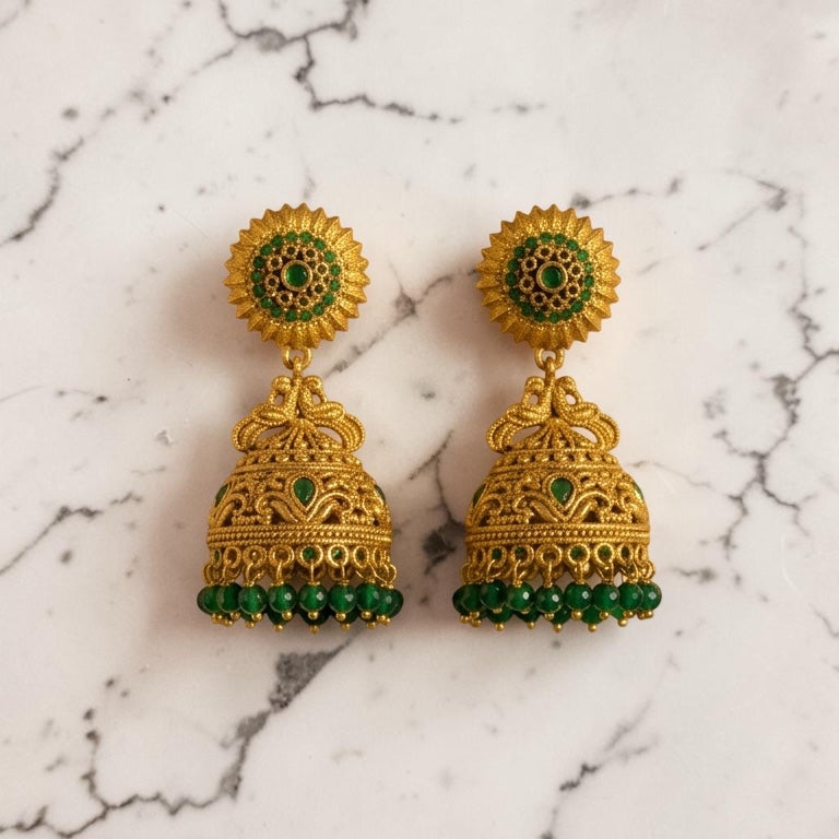 Lakx Fashion antique gold-tone brass jhumka earrings with green stone embellishments and beaded dome drops