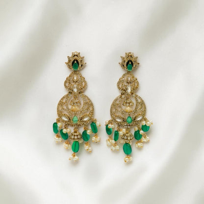 Lakx Fashion ornate brass dangle earrings with antique gold finish, green stones, and white pearls in filigree design