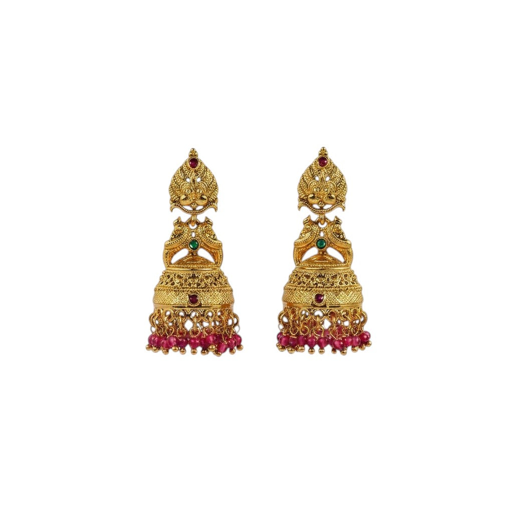 Lakx Fashion gold-tone brass jhumka earrings with deity motifs, green and ruby stones, and pink bead fringe.