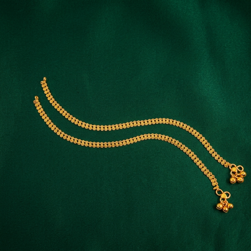 Lakx Fashion gold-toned brass anklets with floral link chains and dangling ghungroo charms on a green background