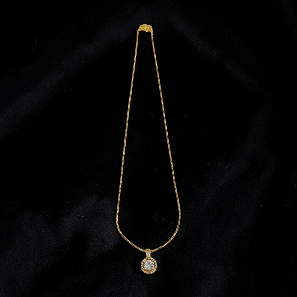 Lakx Fashion gold-toned box chain necklace with a circular halo pendant featuring a brilliant clear cubic zirconia.
