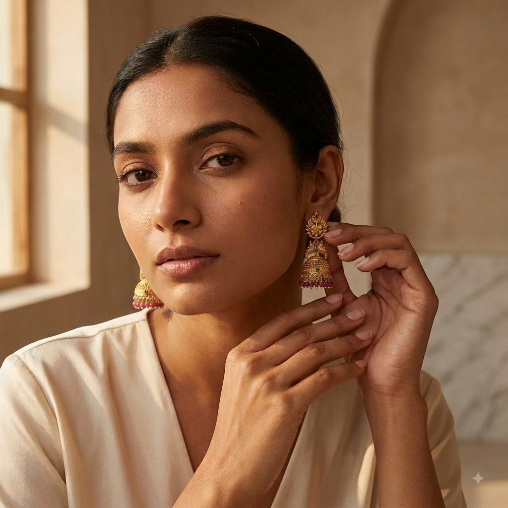 Lakx Fashion gold-tone jhumka earrings with deity motifs, green and ruby stones, and pink beads worn by a woman.