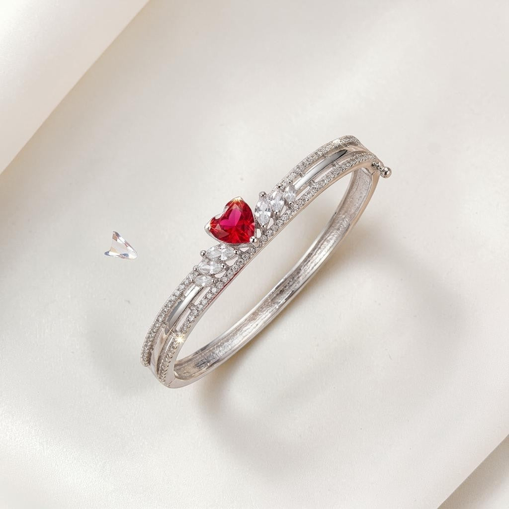 Lakx Fashion rhodium-tone brass kada with a heart-shaped pink stone and clear marquise-cut pavé accents