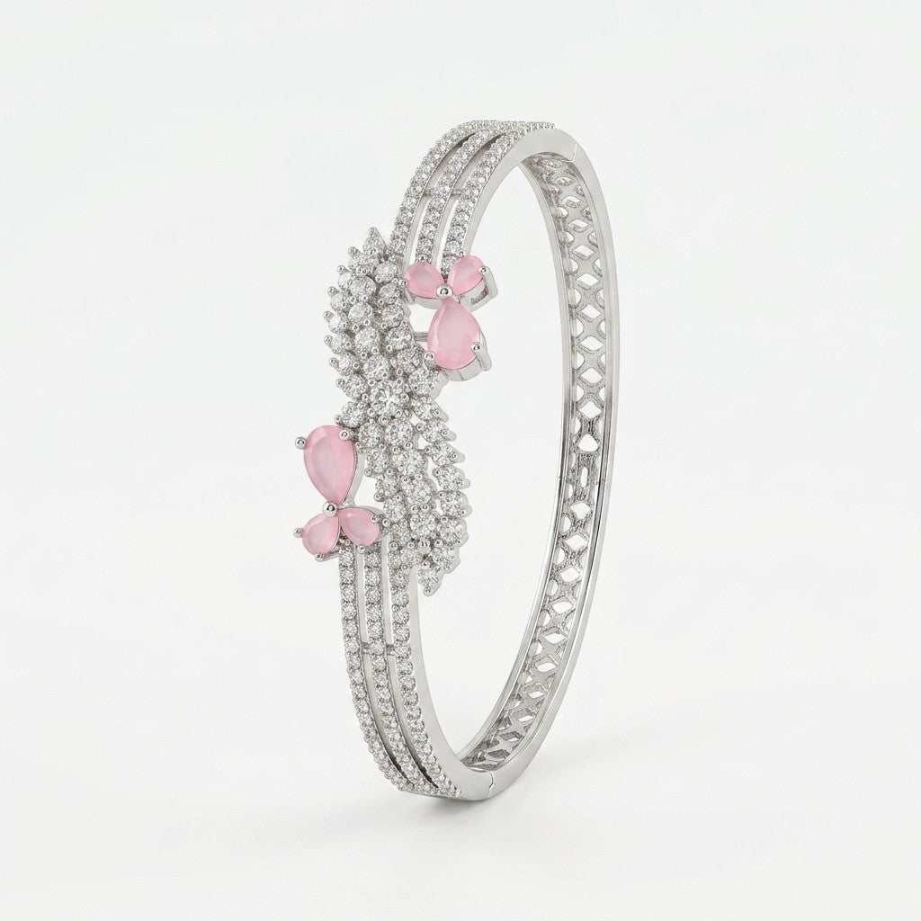 Lakx Fashion rhodium-tone brass bracelet with pink marquise-cut stones and white CZ floral leaf accents