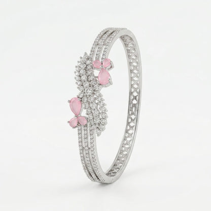 Lakx Fashion rhodium-tone brass bracelet with pink marquise-cut stones and white CZ floral leaf accents