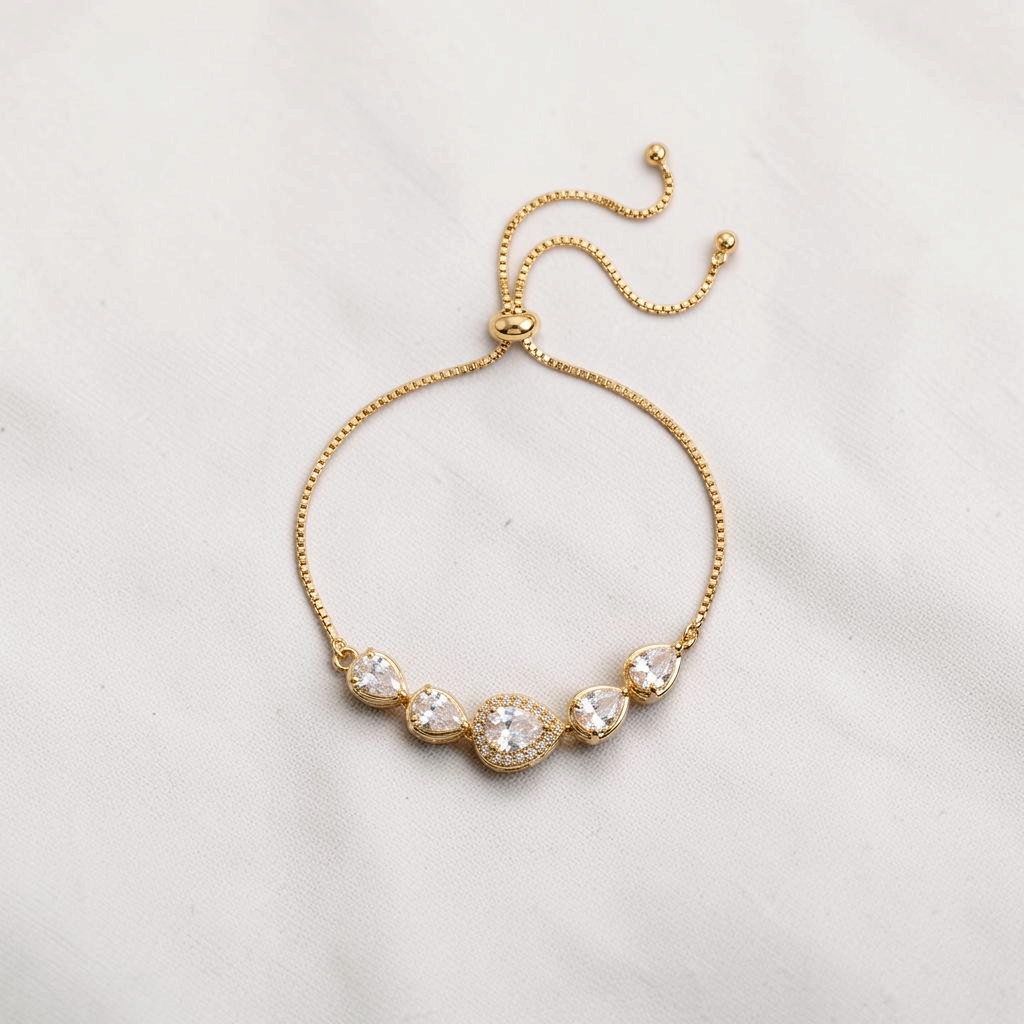 LAKX Teardrop Bracelet for Women rose gold adjustable slider bracelet with pear-cut white AD stones BR-203 flatlay