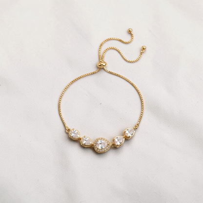 LAKX Teardrop Bracelet for Women rose gold adjustable slider bracelet with pear-cut white AD stones BR-203 flatlay