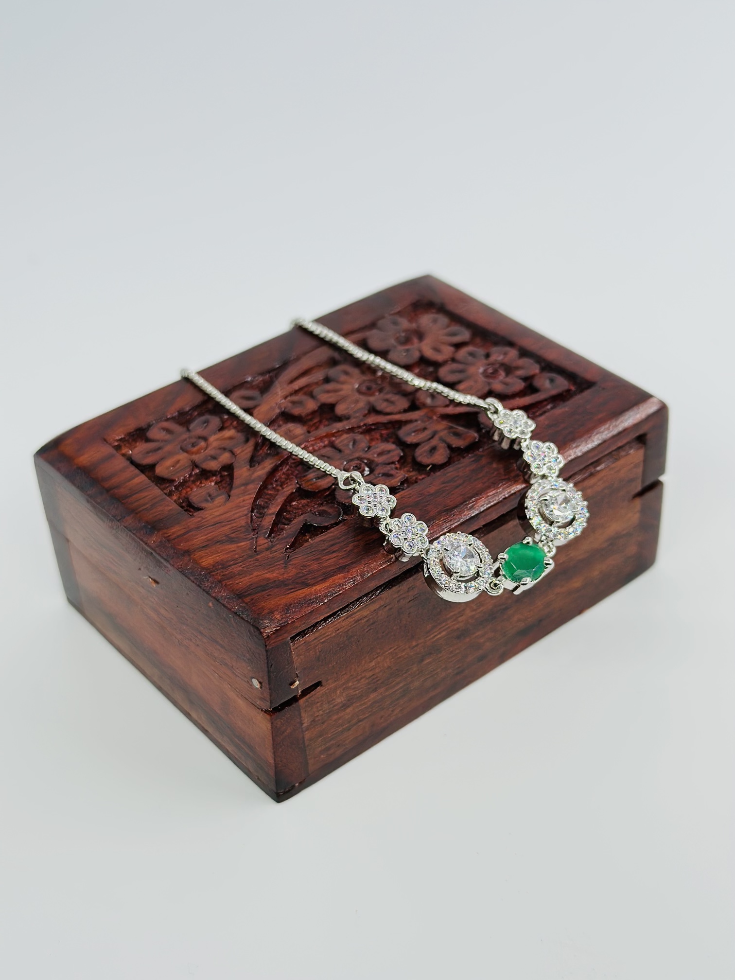 Green Stone & CZ Rhodium-Tone Bracelet - Image 4
