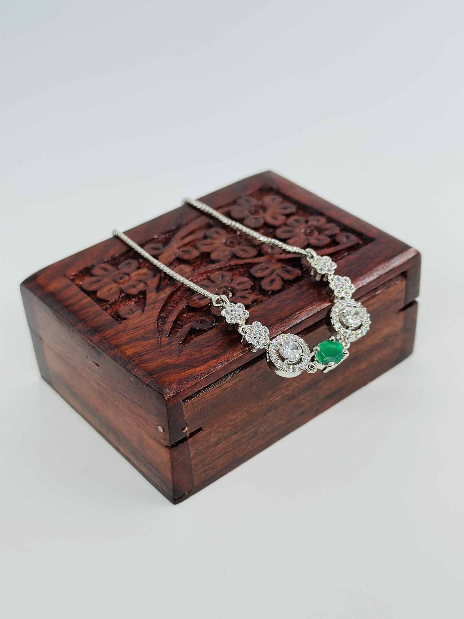 Green Stone & CZ Rhodium-Tone Bracelet - Image 3
