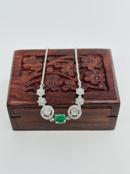 Green Stone & CZ Rhodium-Tone Bracelet