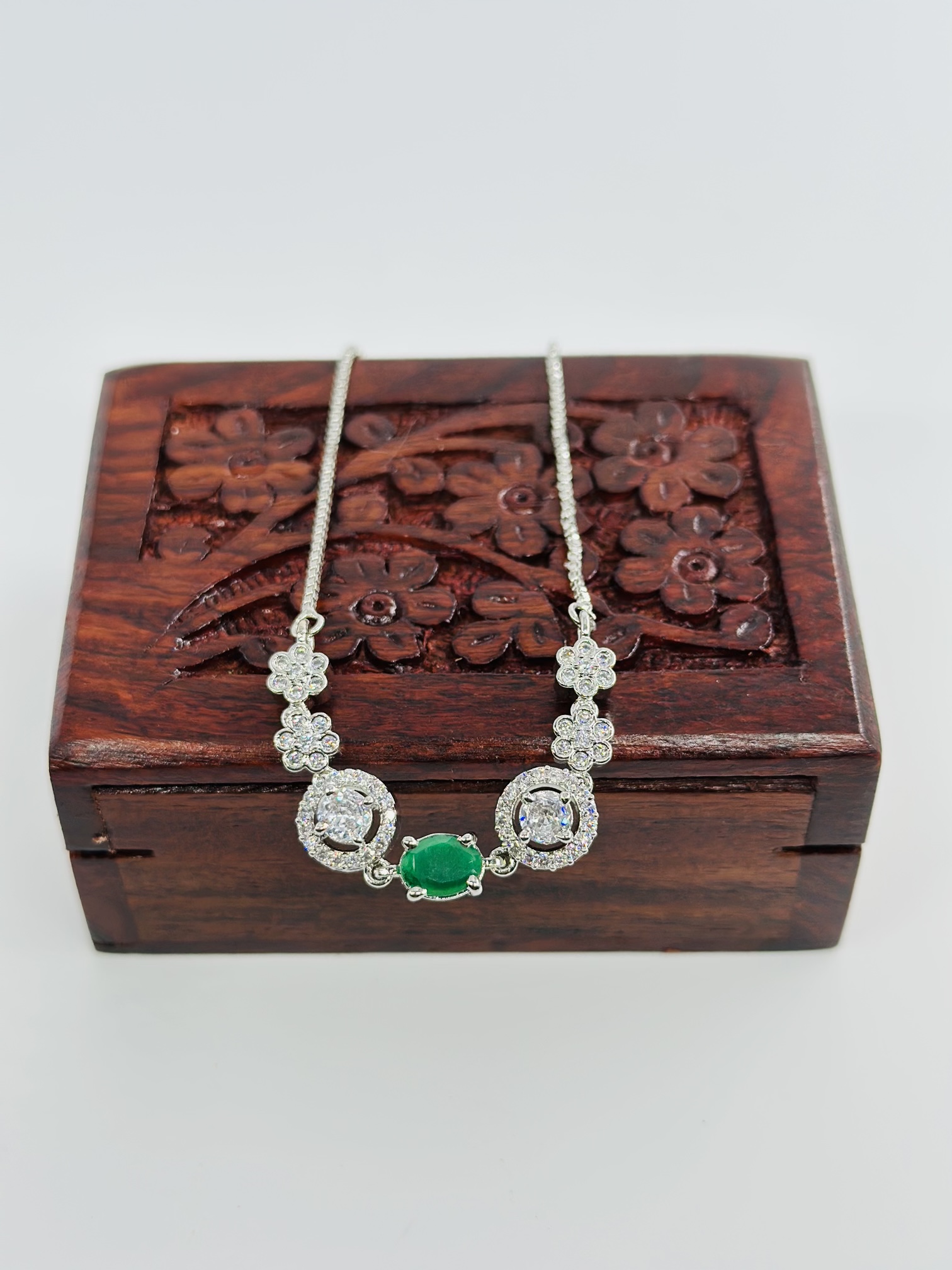 Green Stone & CZ Rhodium-Tone Bracelet