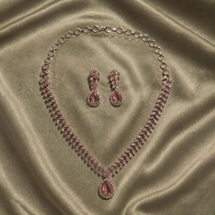 Pink & White Stone Silver Toned Necklace Set