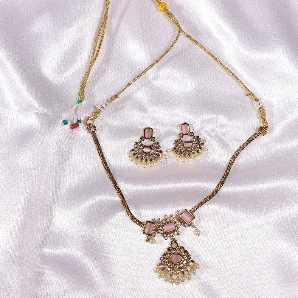 Pink Stone Gold Toned Necklace Set - Image 2