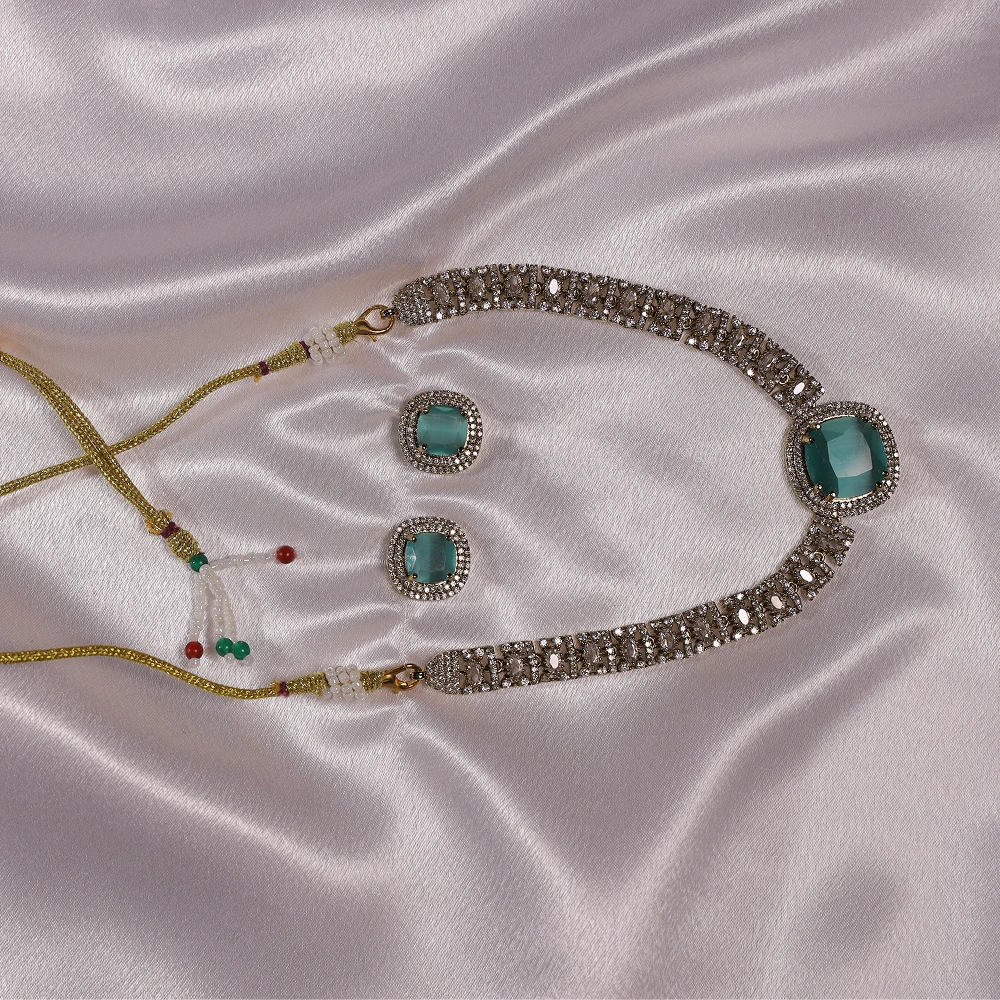Green Stone & CZ Gold Tone Necklace Set - Image 2