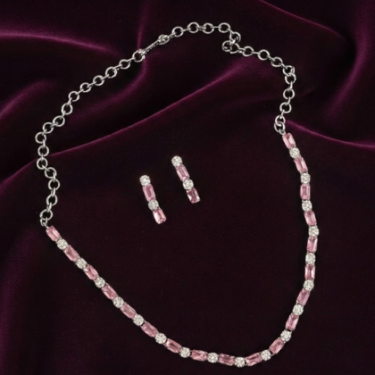Pink & White Stone Silver Toned Necklace Set