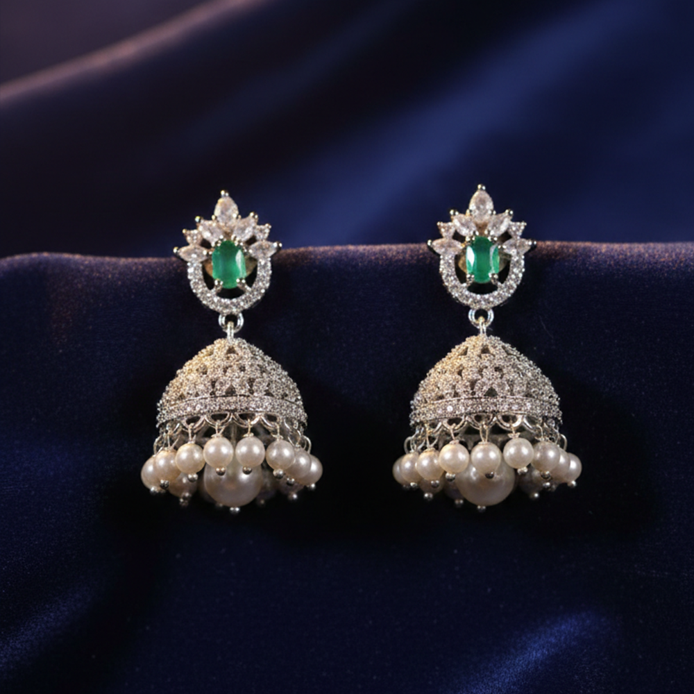 Green Stone & CZ Rhodium-Tone Jhumka Earrings