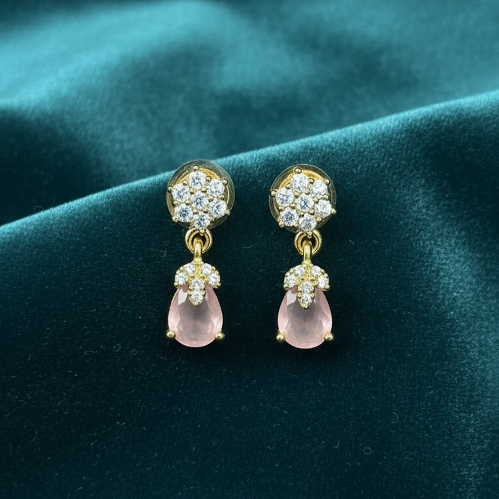 Pink Stone & CZ Gold Tone Drop Earrings