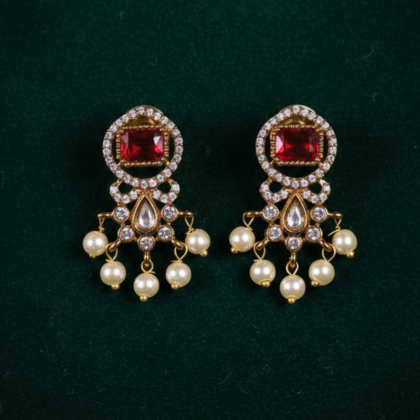 Red Stone & Pearl Gold Tone Drop Earrings