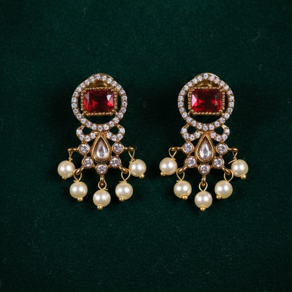 Red Stone & Pearl Gold Tone Drop Earrings