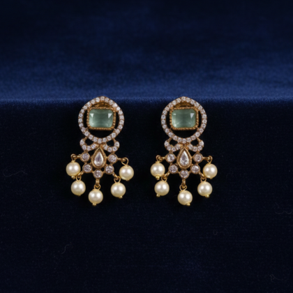 Light Green Stone & Pearl Gold Tone Drop Earrings