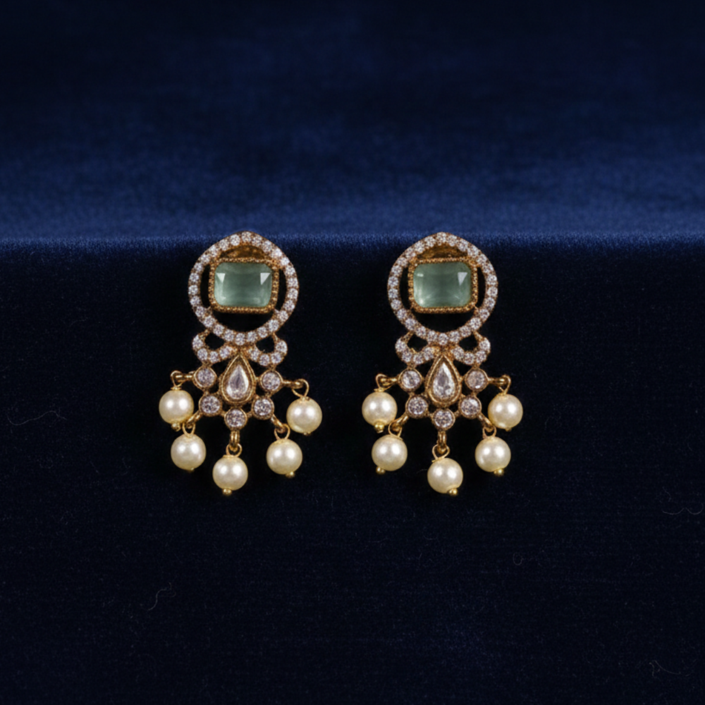 Light Green Stone & Pearl Gold Tone Drop Earrings