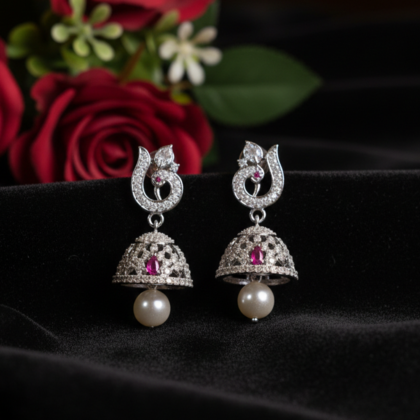 Ruby & CZ Rhodium-Tone Jhumka Earrings