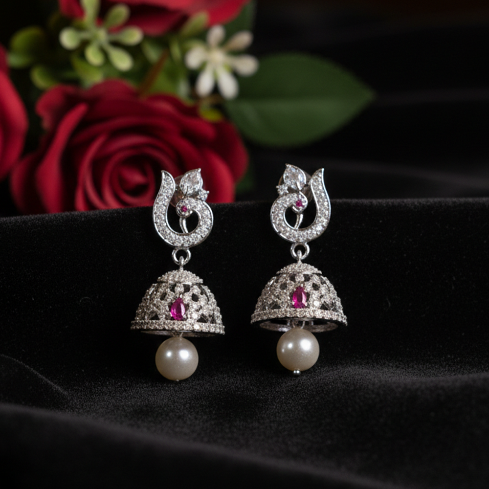 Ruby & CZ Rhodium-Tone Jhumka Earrings