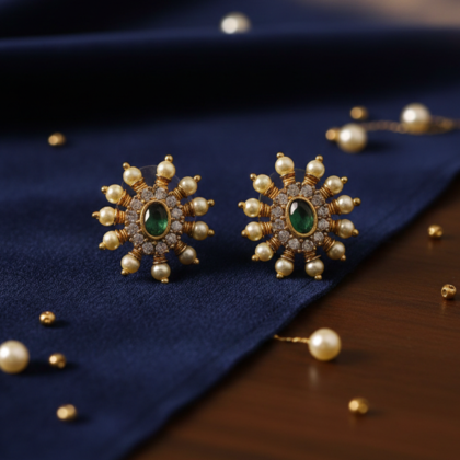 Green & Pearl Gold Tone Stud Earrings