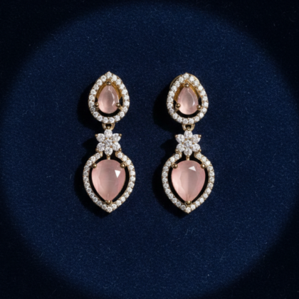 Pink Stone & CZ Gold tone Drop Earrings
