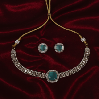 Green Stone & CZ Gold Tone Necklace Set