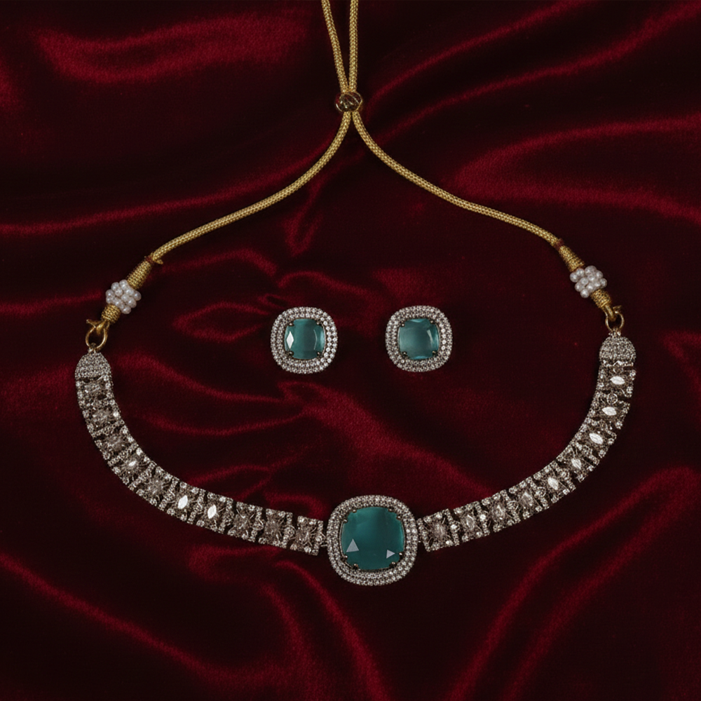 Green Stone & CZ Gold Tone Necklace Set