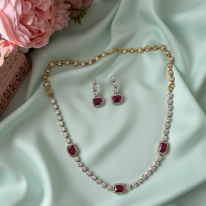 Ruby & White Stone Silver Tone Necklace Set