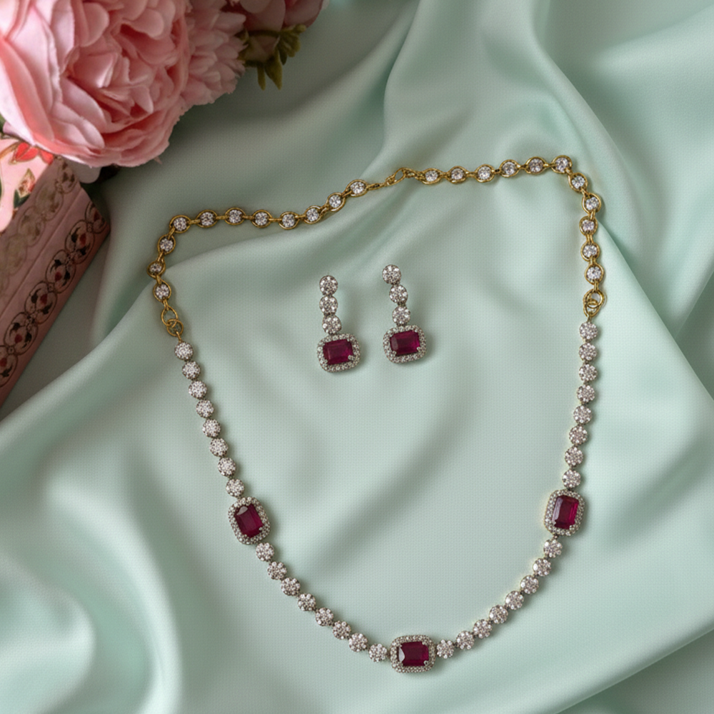 Ruby & White Stone Silver Tone Necklace Set