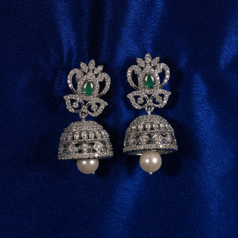 Green Stone & CZ Rhodium-Tone Jhumka Earrings