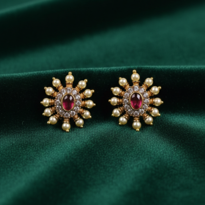 Ruby & Pearl Gold Tone Stud Earrings