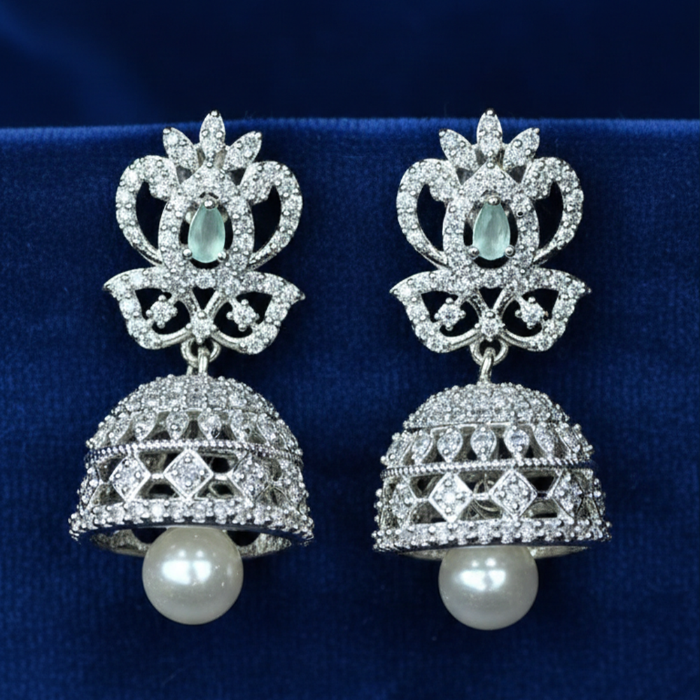 Light Green Stone & CZ Rhodium-Tone Jhumka Earrings