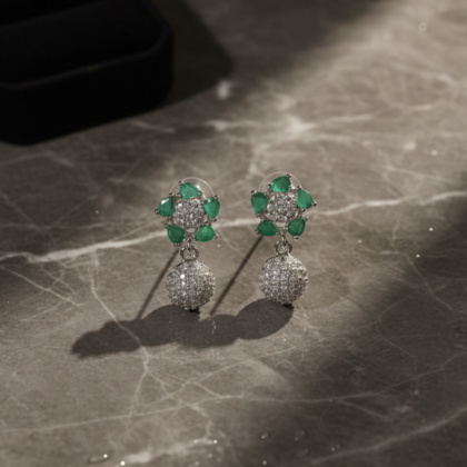 Green Stone & CZ Rhodium-Tone Drop Earrings