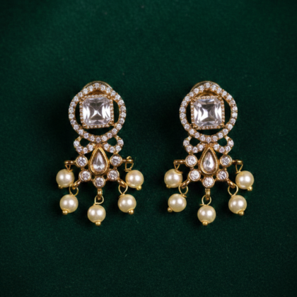 CZ Stone & Pearl Gold tone Drop Earrings