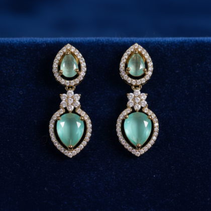 Light Green Stone & CZ Gold Tone Heart Drop Earrings