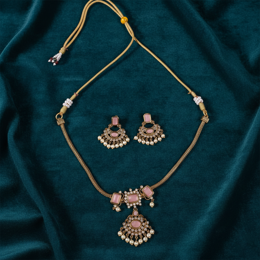 Pink Stone Gold Toned Necklace Set
