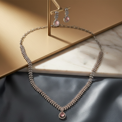 Pink & White Stone Silver Toned Necklace Set