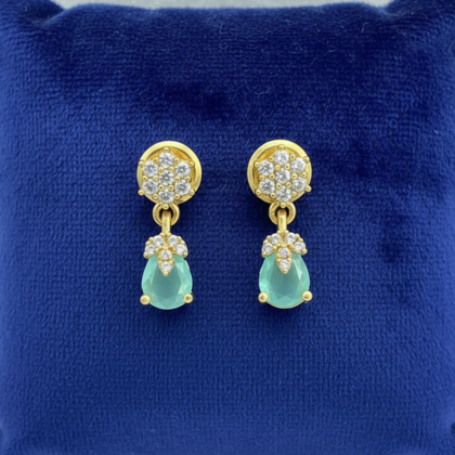 Green Stone & CZ Gold Tone Drop Earrings