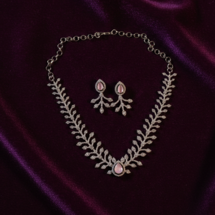 Pink Stone & CZ Silver Tone Necklace Set