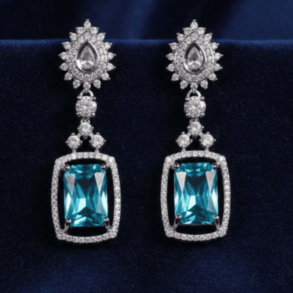 Blue Stone & CZ Rhodium-Tone Drop Earrings