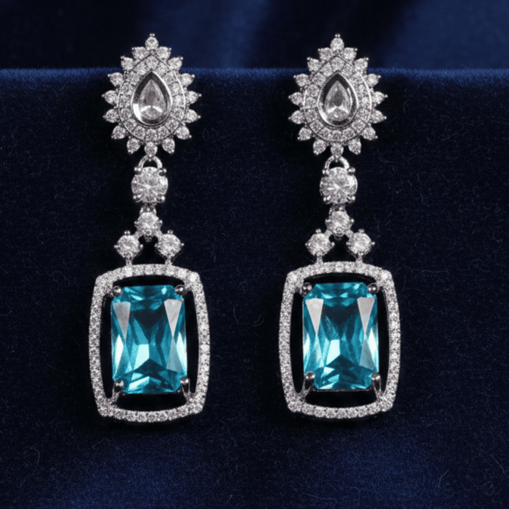 Blue Stone & CZ Rhodium-Tone Drop Earrings