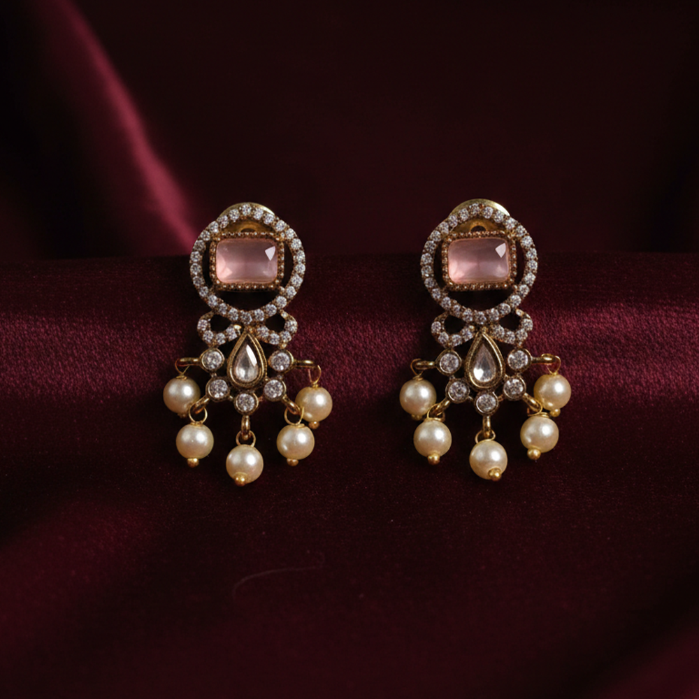 Pink Stone & Pearl Gold Tone Drop Earrings